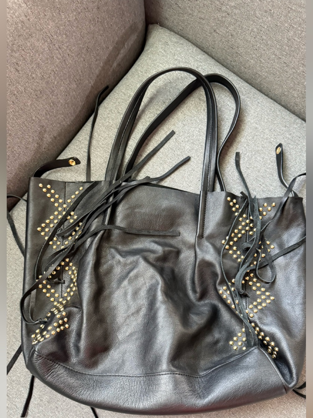 Blow The Belt Black Leather Studded Fringe Tote Bag Large Shoulder Bag Boho West - Picture 4 of 10